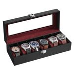 SONGMICS Watch Box with 6 Slots, Watch Case with Glass Lid, Watch Display Box with Removable Watch Pillows, Metal Clasp, Gift Idea, Black Synthetic Leather, Wine Red Lining JWB006R01