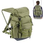 THKFISH Fishing Backpack with Foldable Chair, 35L Tackle Box Backpack with Rod Holders Fishing Storage Bag Portable Stool for Outdoor Fishing, Camping, and Hunting, Green, Large