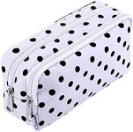 SIQUK Pencil Case with Black Polka Dots Pencil Pouch Big Capacity Pen Case Double Zippers Stationery Bag with Compartments Cosmetic Bag for Girls Boys and Adults (White)