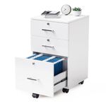 VINGLI 3-Drawer File Cabinet with Lock, Wood Rolling File Cabinet Under Desk File Cabinets for Home Office, Mobile Printer Stand & File Cabinet for Letter Sized Files, 26" H(Caster Included), White