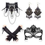 JeryWe Halloween Jewelry Set for Women Gothic Black Lace Choker Necklace with Vintage Earrings Lace Gloves Mask Black Ring for Halloween Costume