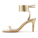 GENSHUO Women Strappy Heeled Sandals 3.14 inch Stilettos Lace Up Square Open Toe High Heels Sandals for Party, Prom Gold Size 8