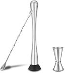 Stainless Steel Muddler for Cocktails,Mixing Spoon and Measuring Jigger,Professional Bar Tools,10-inch Bar Muddler for Making Mojitos,Margaritas and Other Fruit Based Drinks.