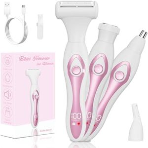Electric Razors for Women, Painless Bikini Trimmer for Women for Silk Skin, 4-in-1 Wet/Dry Cordless Body Shaver, IPX6 Waterproof Replaceable Facial, Eyebrow, Nose Trimmer, Type-C Fast Charge, Pink