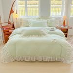 MOOWOO Chic Lace Bedding with Lovely Bow-Romantic Ruffle Duvet Cover Set, 3 Piece Comforter Duvet Cover with Zipper Closure, French Princess Style,Coquette Room Decor-Green,Full Size