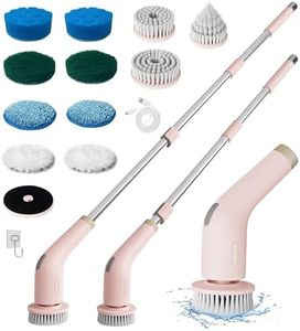 KrenLak Electric Spin Scrubber, Cordless Cleaning Brush with 11 Replacement Heads, Adjustable Extension Handle and Dual Speeds Power Scrubber, Bathroom Cleaner Brush for Tub Floor Tile (Pink)