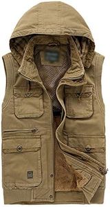 Flygo Men's Casual Outdoor Jackets Warm Sherpa Lined Thicken Fishing Hiking Vest (Khaki, X-large)