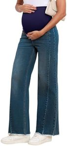 BLENCOT Maternity Jeans for Women Over Belly Straight Leg Adjustable Waisted Baggy Stretchy Denim Pants Casual Work Cotton Ripped Hem Trendy Pregnancy Boyfriend Jean Small Sail Blue