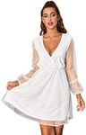 Floerns Women's Lantern Long Sleeve V Neck Mesh Cocktail Party Short Dress Without Belt White XS