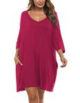 Doaraha Womens Nightdress Plus Size, Oversized Home Sleepwear Nightgown Cotton Sleep Shirt Sleepdress Soft V Neck Wine Red