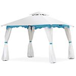 TANGZON 3 x 3M Outdoor Gazebo, Heavy Duty Steel Frame Garden Gazebo Canopy Tent with 2-Tier Vent Roof & Side Walls, All Seasons Marquee Shelter Pavilion for Wedding Party (300x300x265cm, White+Blue)