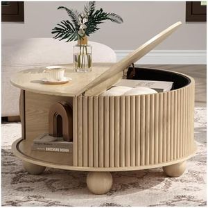 JOINICE,Round Coffee Table with Storage,Fluted Lift Up Coffee Table with Sliding Door,31.5" Drum Center Table with Bun Feet for Living Room,Home Small Space,Oak