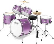 Ashthorpe 5-Piece Complete Junior Drum Set with Genuine Brass Cymbals - Advanced Beginner Kit with 16" Bass, Adjustable Throne, Cymbals, Hi-Hats, Pedals & Drumsticks - Purple