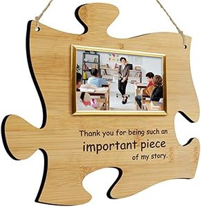 Thank You For Being A Piece Of My Story - Hanging Modern Acrylic Puzzle Piece Sign with 6 x 4" Picture Frame - A Great Teacher, Mentor, Or Leader Gift (Bamboo)