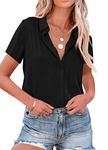 AISEW Womens Button Down Shirts Satin V Neck Casual Short Sleeve Blouses Office Work Tops (1221Black, Large)