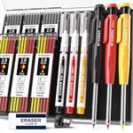 STAGEEK 3PCS Carpenter Pencils with Sharpener, Heavy Duty Woodworking Tools, Mechanical Pencil Set with 39 Refills, Deep Hole Long Nib Marker Pens for Architect Marking with Case (Red, Black, Yellow)