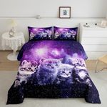 Cat Comforter Cute Pet Cats Pattern Bedding Set Outer Space Kawaii Kitten Comforter Set for Children Kids Boys Girls Cartoon 3D Animal Theme Galaxy Duvet Set Purple Room Decor Quilt Set Twin Size