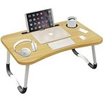 Adjustable Laptop Bed Table Lap Standing Desk, Sofa Breakfast Bed Tray Folding Laptop Lap Desk Cup Holder Notebook Stand Steel Legs For Reading Writing Working, Wooden , 60x40x28cm, M, PPW126