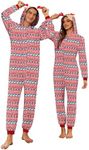 Ekouaer Christmas Matching Onesie for Couples Elk Antler Hooded Zipper Long Sleeve Pajamas with Pockets Elk red S