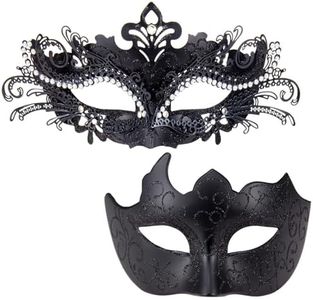 MYSEUNI Black Masquerade Masks for Couples - Shiny Rhinestone Metal Filigree Venetian Mask & Mens Venetian Mask for Halloween Party Mardi Gras Masquerade Ball Themed Prom