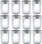 simpa 12PK 475ml/16oz Quilted Decorative Glass Mason Jars with Silver Metal Airtight Lids. Suitable for Meal Prep, Drinks, Food Storage, Canning, Dry Food, Salads and more.