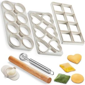 MUMSUNG Ravioli Maker Press, Ravioli Press Mold Set - Round, Heart, Square Ravioli Stamp Maker Cutter with Wood Rolling Pin, 2.6" Empanada Maker Press Kit and Ravioli Wheel 3 PCS