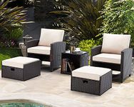 DEVOKO Outdoor Patio Furniture Wicker Rattan Conversation Set With Cushioned Chairs, Ottoman Set, Table For Lawn, Pool, Balcony (Dark Brown & Cream), 63.5 CM, 23 Inch, 81.3 Cm