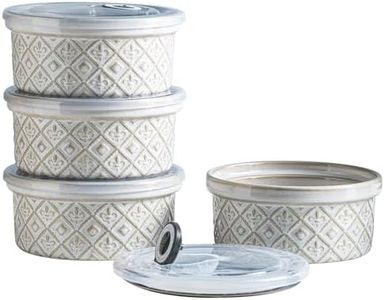 MISSYSSIM Ceramic Souffle Baking Dishes for Oven, 16oz Creme Brulee Ramekins Set with Lids, Mini Porcelain Embossed Pudding Custard Cups Snack Dipping Bowls Set of 4, Beige