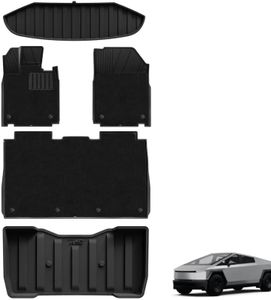 3W Floor Mats with Carpet & Cargo Liner for Tesla Cybertruck 2023 2024 2025 2026, All Weather Waterproof Heavy Duty Accessories Custom Fit Automotive Double Layer Floor Liners & Sub Storage Trunk Mat