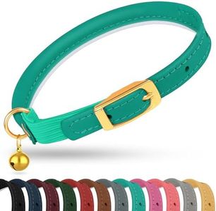 OOPSDOGGY Rolled Leather Cat Collar with Bell - Reflective Kitten Collar with Safety Elastic Strap - Adjustable Small Pet Collars for Boy Girl Cats (Teal)