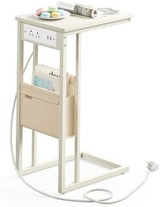 VASAGLE C-Shaped Side Table, End Table with Charging Station, 2 USB Ports and Outlets, C Table for Couch, Sofa, with Storage Bag, Adjustable Feet, for Bedroom, Living Room, Cream White ULET356W01