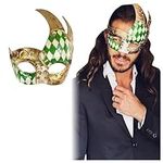 Green Gold Masquerade Mask for Men Musical Checkered Vintage Design Mask for Mardi Gras, Prom and Masquerade Party