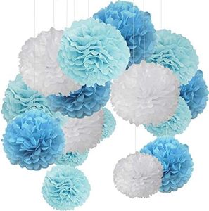 (Blue) - 15pcs Pompom Decorations Tissue Pom Poms Paper Flower Ball for Wedding Festival Party Blue Light Blue White(30.5cm/25cm/15.5cm)