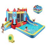 DREAMVAN Kids Bounce House with Blower Inflatable Bounce Houses Double Slide Climbing Wall and Ball Pit/Pool Splash Big Bouncy House Bouncing Rocket Jumping Castle Outdoor/Indoor, Ages 3-12 Years