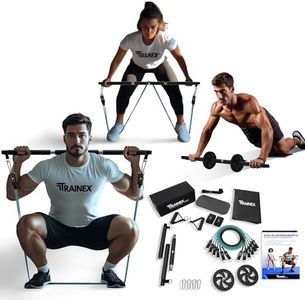TRAINEX Gomas Elasticas Musculacion + Barra | Bandas Resistencia Alta (100 KG) Latex 100% Natural | Ejercicio en Casa Eficaz | Kit Gimnasio en Casa | Gym con Cintas Elasticas Fitness | Deporte en Casa