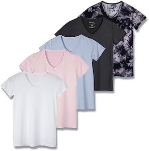 Real Essentials Womens Plus Size V Neck T-Shirt Ladies Yoga Top Athletic Tees Active Wear Gym Workout Zumba Just My Exercise Running Essentials Dry Fit Wicking Basic Clothes, Set 16, 3X, Pack of 5