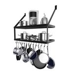 Hoooh Square Grid Wall Mount Pot Rack with 2-Tier 15 Hooks, Kitchen Cookware Hanging Organizer Storage Shelf, 29.5 by 13.7-inch Black, KPR300B-BK