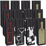 BELLE VOUS 12 Pack Black Wine Bottle Gift Bags - 4 Designs - Bottle Gift Bags with Rope Handles - Champagne or Wine Bottle Bag for Birthday Parties, Dinners, Anniversaries and Housewarmings