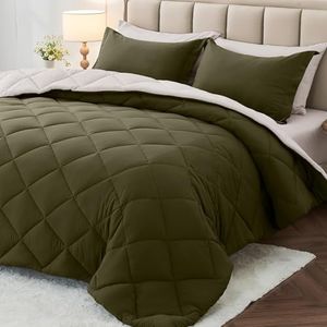 MUXHOMO 7 Pieces California King Comforter Set, Reversible Bed in a Bag Cal King Size, All Season Bedding Set with Comforter, Flat Sheet, Fitted Sheet, Pillowcases & Shams, Olive Green & Beige