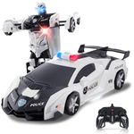 Carox Transform Remote Control Car - Transform Robot RC Cars, 2.4Ghz Transforming Police Car Toy with LED Light & DIY Stickers, One-Button Deformation Rotating Drifting Toys (Police Car White)