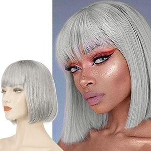 SOFEIYAN Short Straight Bob Wigs 11 inch Synthetic with Bangs Daily Party Cosplay Hair Wig for Black Women, Gray