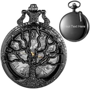 Personalized Back Cover Engraving Customized Pocket Watches Quartz Tree of Life Men Roman Numerals with Chain&Box