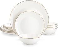 MALACASA Bone China Dinnerware Set, 12 Pieces Plates and Bowls Sets with Gold Rim, Dinnerware Sets for 4, Scratch Resistant Dinner Plates, Dessert Plates and Cereal Bowls, Ivory White Series JERA, JERA-GT-ST12