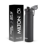 MILTON Reva 1000 ISI Certified Stainless Steel Water Bottle with Twin Lid Sip or Gulp, 1 Litre | Single Wall, BPA-Free, Leakproof | Sturdy Handle | Ideal for Home, Office, Gym & Travel, Black