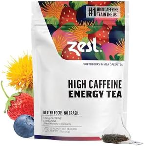 Zest 135mg High Caffeine Energy Leaf Blend - Superberry Samba Green Tea - 20 Pack Bag - Hot or Iced - All Natural Strong Flavored Healthy Coffee Highly Caffeinated Substitute - Perfect for Keto Diet