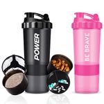 ACUNA Protein Shaker Bottle 600ml (PACK OF 2), 3 Layer Supplement & Pills Storage Cup- Secure Leakproof Protein Shake Mixer Bottle- Gym Supplement Shaker Bottle (Power Black-Be Brave Pink)