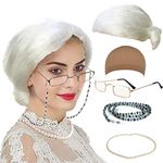 Old Lady Costume Characters Set - Old Lady/Mrs. Santa Wig, Madea Granny Glasses, Eyeglass Chains Holder and Cords Strap,FauxPearl Beads Choker Necklaces (Style-3)