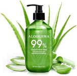 Aloderma 99% Organic Pure Aloe Vera Gel Made within 12 Hours of Harvest, Large 17.6oz Pump Bottle, Lightweight Non-Sticky Aloe Gel for Sunburn Relief, Natural, Soothing Aloe Vera for Face & Hair