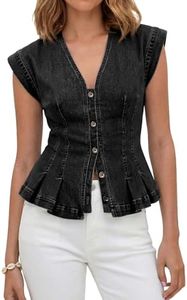 Tankaneo Womens V Neck Denim Vests Tops Trendy Summer Button Down Jean Tank Tops Y2k Fitted Pleated Sleeveless Shirts