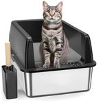 Stainless Steel Litter Box with Lid,Large Cat Litter Box for Big and Multiple Cats,Enclosed Metal Litter Box with High Sides Non-Sticky & Anti-Urine Leakage,Include Litter Scoop,Easy Cleaning (Black)